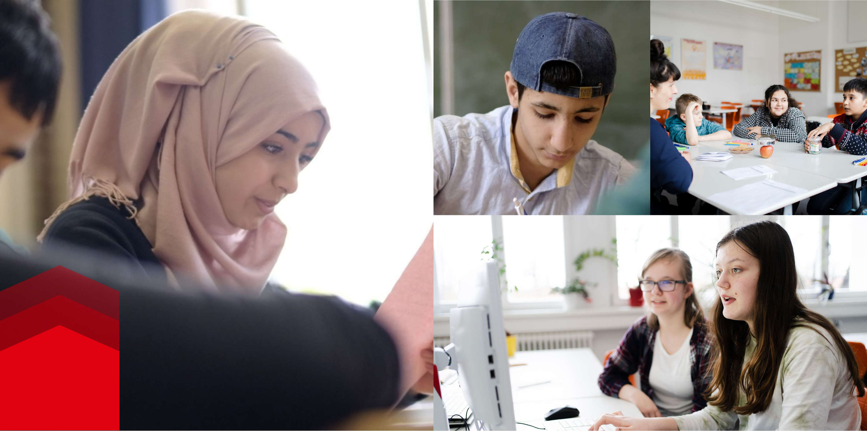 Kollaasi kuvista eri maiden lasten kanssa koulussa 