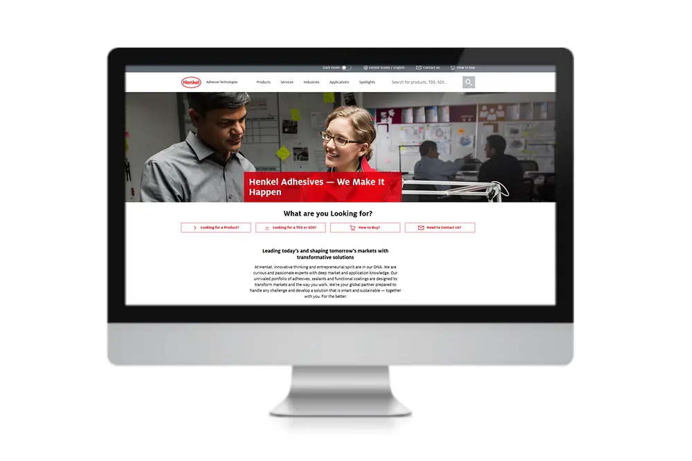 Monitorskjerm med Henkel Adhesive Technologies-nettstedet.