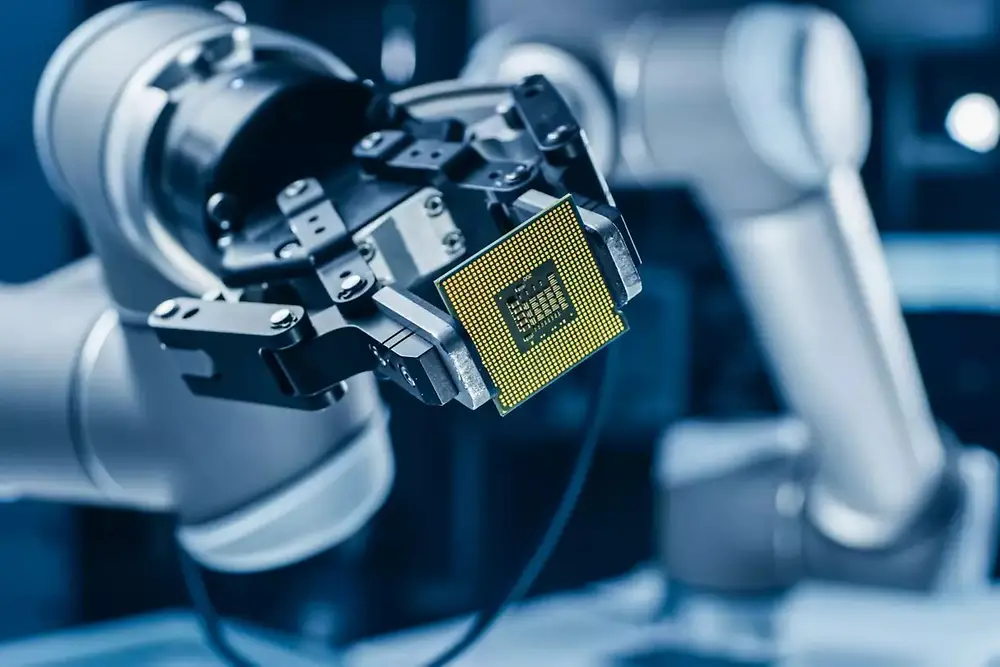 Robottikäsivarsi käyttää automatisoitua konetta puolijohteiden tuotantoympäristössä.